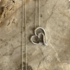 Sterling Silver 925 Diamond Open Heart Asymmetric Pendant Necklace 18" Chain